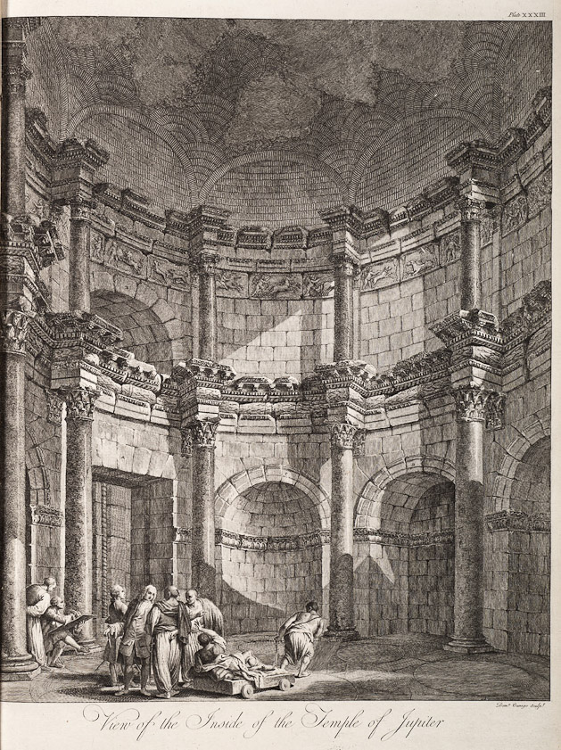 Robert Adam print of the interior looking north, with the entrance from the Peristyle through the doorway on the left. The sarcophogus had disappeared by 1758, removed by Christians when they occupied the former  palace of their persecutor.