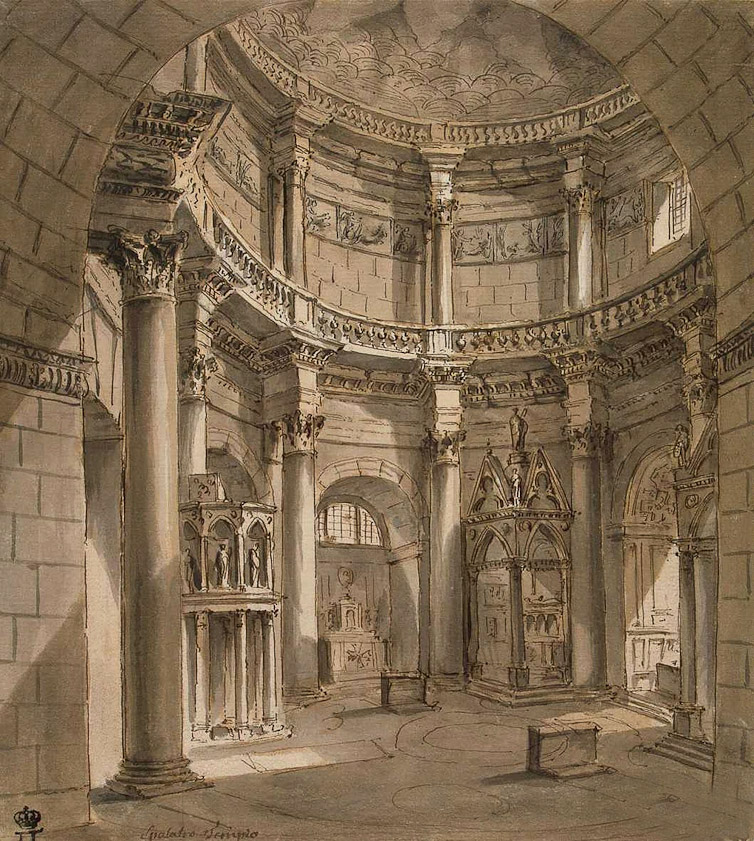 A different view of the interior by Clérisseau, with a pulpit, tomb and Christinan fittings than Adam showed. He also added two levels of galleries.