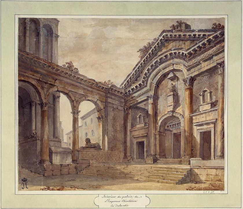 Charles-Louis Clérisseau met Robbert Adam in Florence, traveled with him to Rome, and convinced him to visit Spalato (now called Split). The largest collection of Clérisseau drawings is in the Hermitage in St. Petersburg.