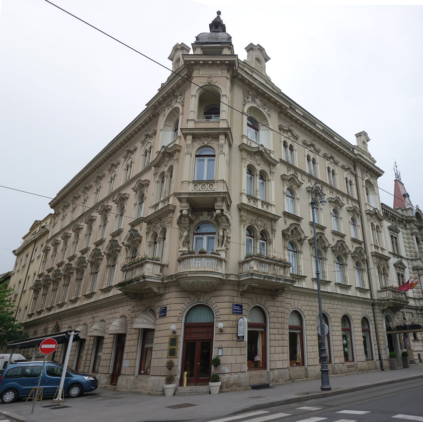 The Palace Hotel, facing the Strossmayer palace and diagonal to the Croatian Academy of Sciences and Arts.