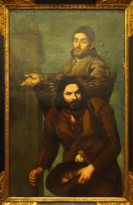 A strange variation on the story of the giant St. Cristopher carrying the Christ child across a river on his back. In this version by Jusepe de Ribera (1591-1652) Christ is replaced by a grown man.