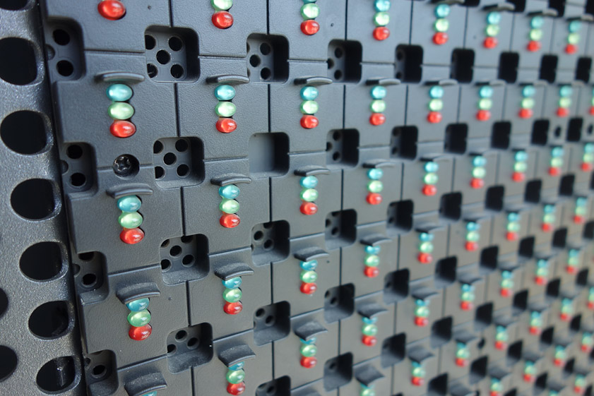This is a very small part of a huge array of lights facing a large window the width of the building. It must put on light shows to visitors outside.