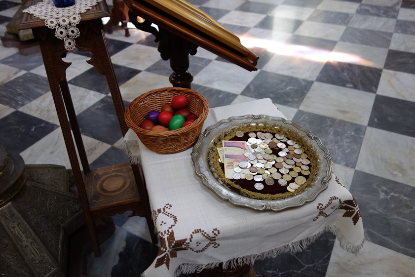 There were colored eggs several places in the church.