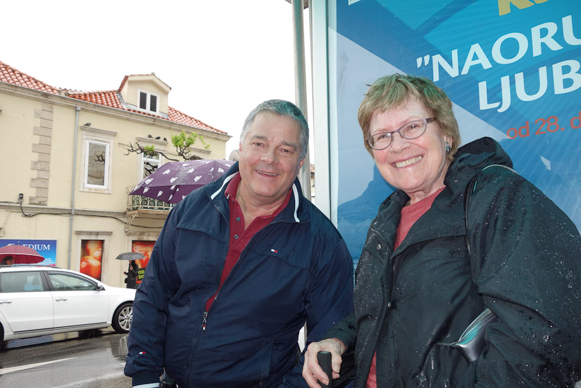 Our host in Dubrovnik, Marc van Bloemen, saw us off in the car he's arranged for us. Mariana's coat shows that it was raining.