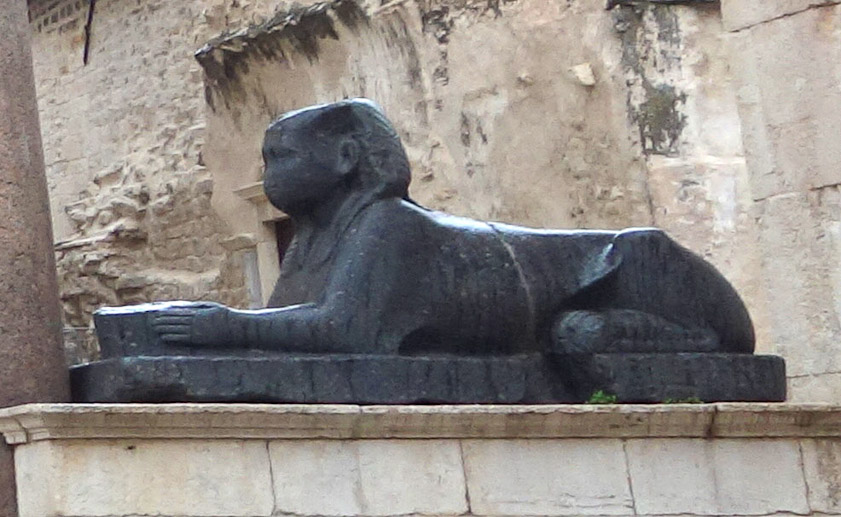 There were once several sphinxes in the palace, but later Christian inhabitants were superstitious, and damaged their heads so they could not give the evil eye. This one, of three remaining, is least damaged.