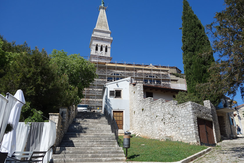 You can climb steps or walk up a steep street, but either way it's up. The cathedral was being repaired.