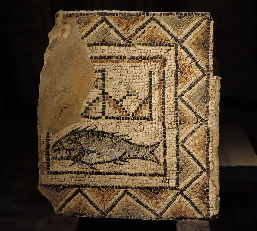 Fragment of 4c Roman floor mosaic. A remarkably toothy, spiny fish!
