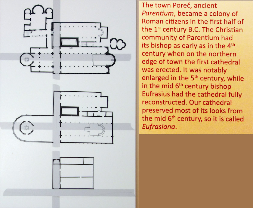 From bottom to top: (1) 4c cathedral. (2) 5c cathedral. (3) 6c cathedral (Euphrasian). Gray marks the cardo and decumanus streets. I.e. the cathedral was the crossroads of the early town.