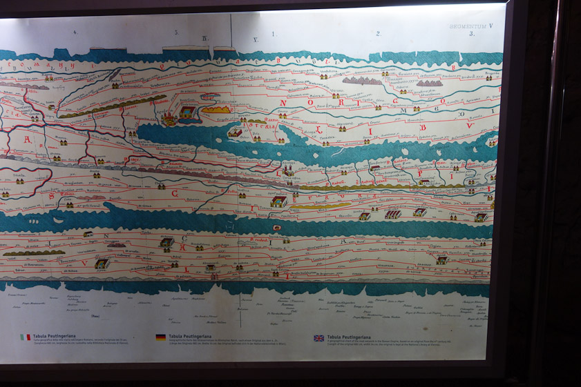 There is a basement where animals and gladiators were kept. I now houses a museum, where this replica of a diagram of the road network of the entire Roman Empire was displayed. This is a reproduction of a 13c copy of the original, which is thought to have been made in the age of Augustus. The 13c Tabula Peutingeriana is kept in Vienna.
