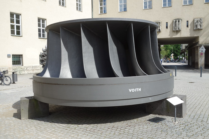 The runner of a Trancis turbine, 1939. It was built for a power station in Manchuria, but WW II prevented its delivery. Francis turbines are used for heads between 20 and 600 meters. For the Manchurian installation the head was 69 m, throughput 147 m3/sec of water, 125 rpm, output 85 MW, weight 44 tons, diameter 4.6 m.