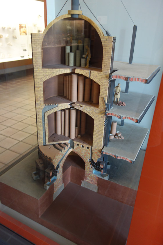 Model of a porcelain kiln around 1895. Nine fireboxes on the bottom heat the glost chamber above it, the annealing chember higher up, and the preburning chamber on the top.