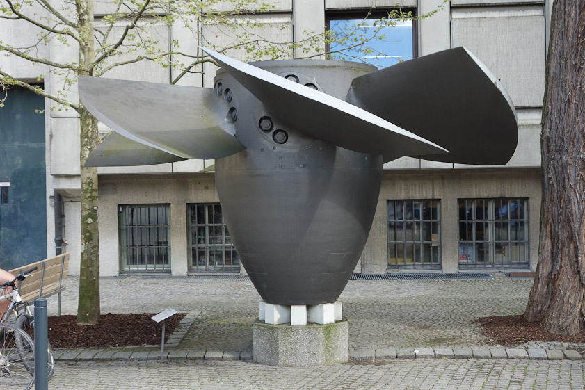 Runner of a propeller turbine, 1926. Propeller turbines are used with small heads and high rates of water flow. Head 7.65 m, 87.5 m3/sec water throughput, 75 rpm, 6.25 MW output, 21 tones, 4.6 m diameter.