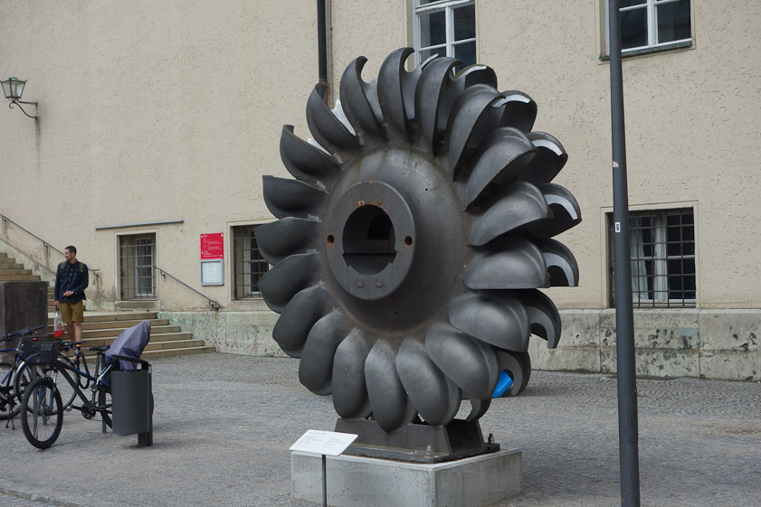 Runner of a Pelton turbine, 1930. Pelton wheels are suitable for small quantities of water and large heads (up to 1000 meters). Head 700 m, 4 m3/sec of water throughput, 500 RPM, 24.5 MW, 15 tons, 2.5 m diameter.