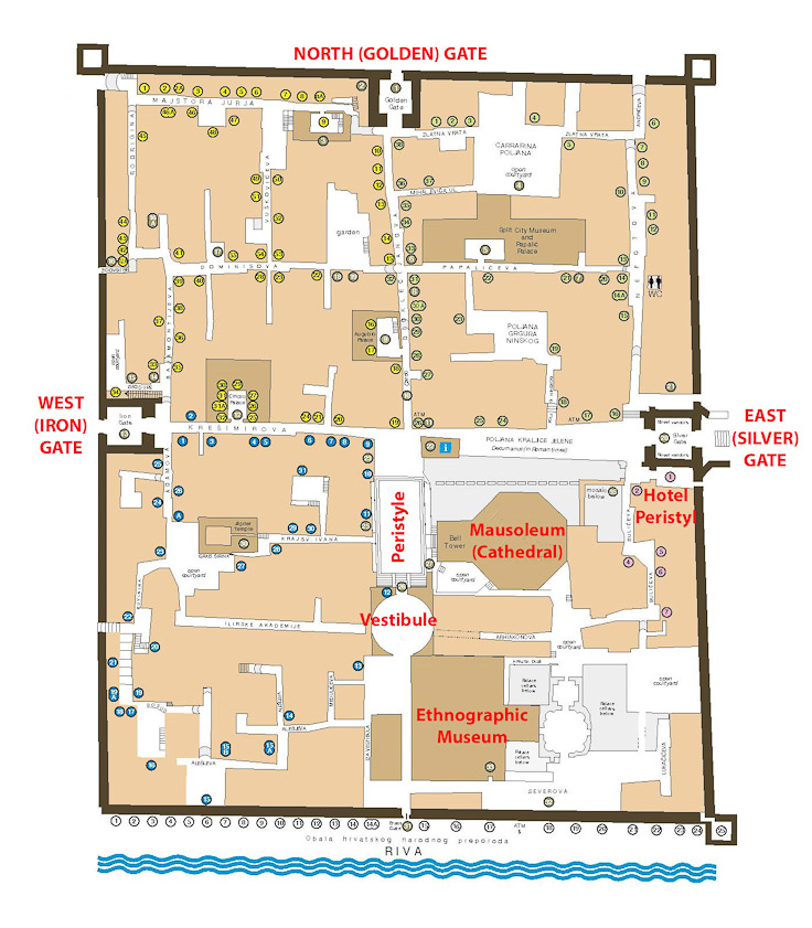 A modern tourist map. The palace is heavily populated with tourist shops, restaurants, bars, and other tourist services.