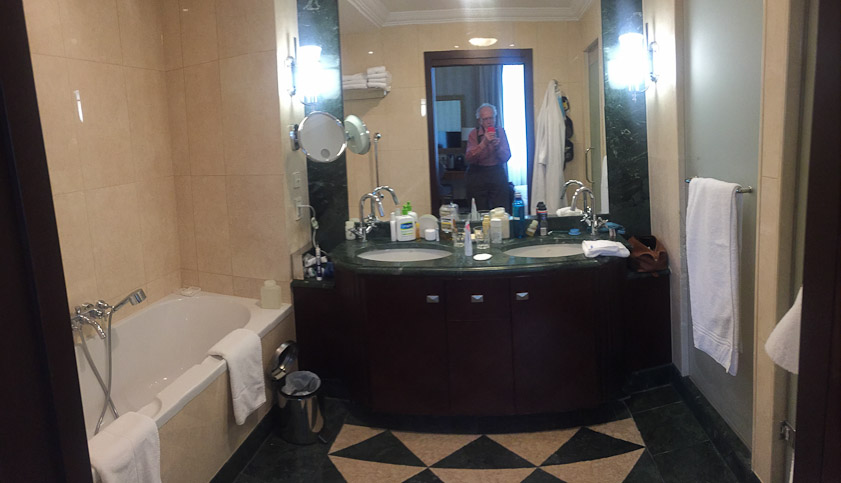It's a rare hotel that provides a shaving mirror, two sinks, both bath and spacious shower and separate toilet room.