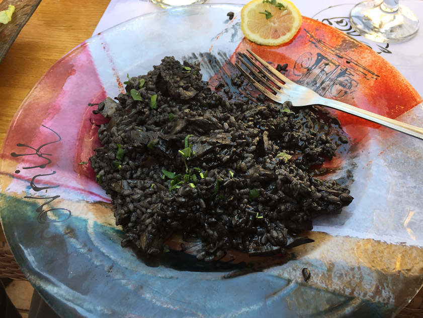 Risotto with squid ink at the small outdoor restaurant under our apartment.