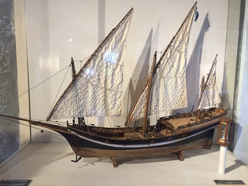 Model of an 18c chebec (ska zebec and xebec).This type of ship had three lateen sails and could also be rowed.