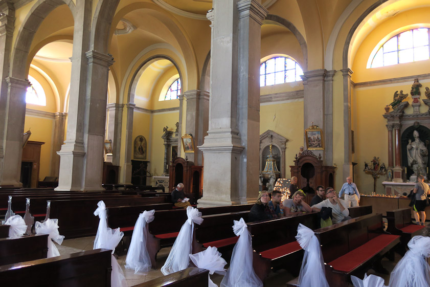 The interior of the cathedral was decorated for a wedding.