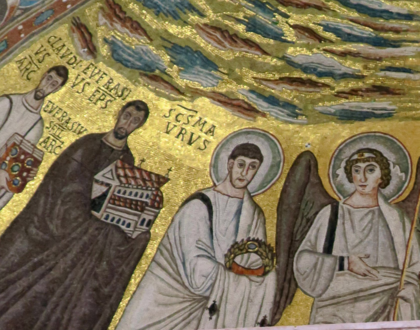 A hierarchy of holiness, from donors on the left to a saint offering a wreath, to an angel. Euphrasius holds the church he built.