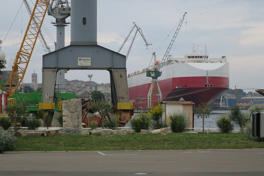 Saint Mary Formosa is across the street from the large Uljanik shipyard. The former arsenal is on the mainland and the modern shipyard is on an artificial island nearby..