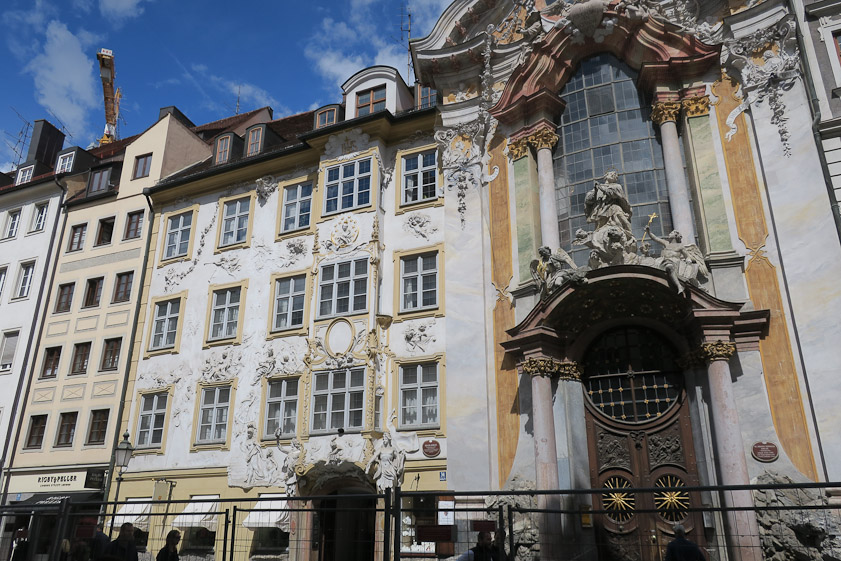 The Asam Church was a short walk from our hotel. The church (behind the imposing facade on the right) was built 1733 to 1746 by the brothers, sculptor Egid Quirin Asam, and painter Cosmas Damian Asam as their private church. Their residence is on the left.