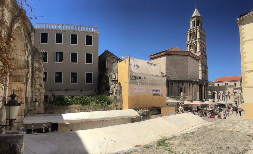 The awnings inside the east gate are typical of the many we saw in Split sheltering small businesses. There are many more street stalls like this in Croatia and many fewer large, established shops in buildings than is typical in more affluent countries.