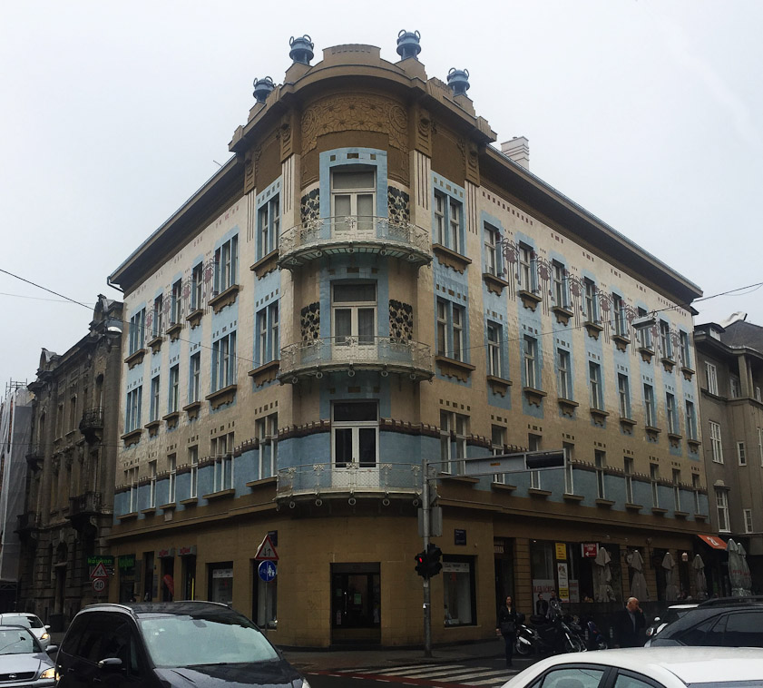 Handsomely ornamented corner building near the Croatian National Theater.