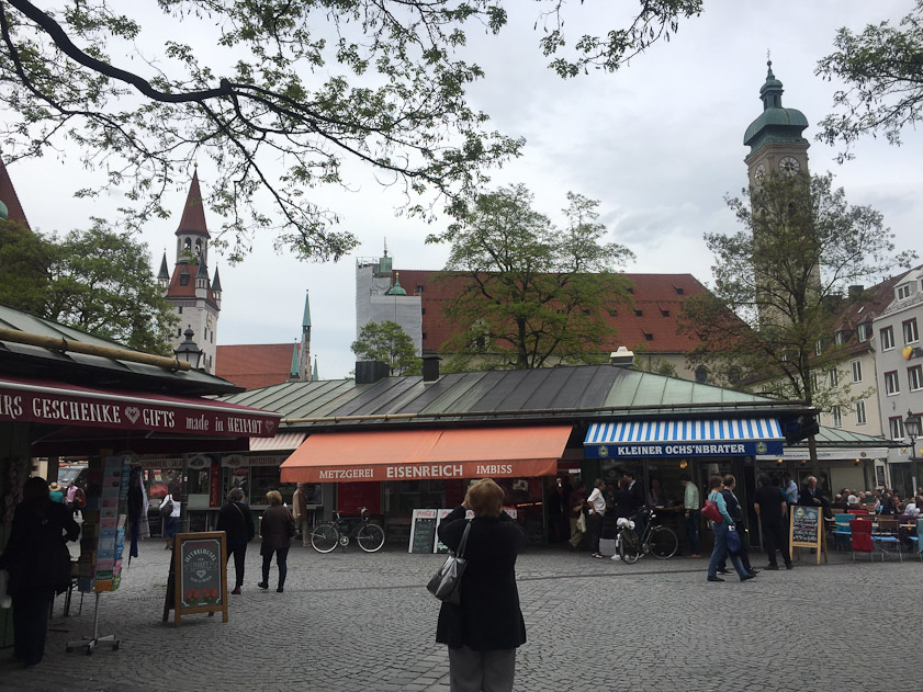 Just north of the Viktualienmarkt are Holy Ghost Church (the tower on the right) and the Altes Rathaus (the tower with four satellite towers on the left).