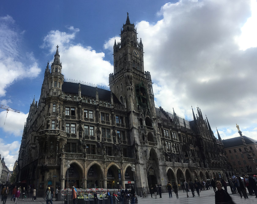 The new town hall is considerably bigger and dirtier than the old one. It forms the north side of Marienplatz.