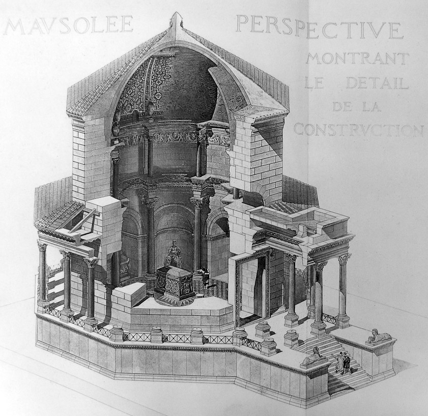 A reconstruction of the Mausoleum before it was converted to a church. Note the sarcophagus, which has been removed. Also, a tower was added on top of the porch at the right.