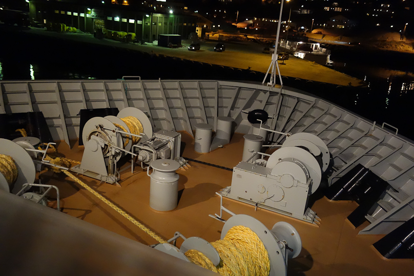 After the aurora display we came into Skjervøy. The winches on the foredeck are operated remotely. This exposure was 1/125 of a second, f/2.2, ISO 3200. That is, an exposure 1000 times less than I used to photograph the aurora.