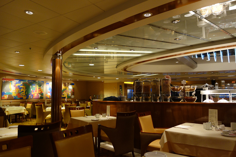 The dining room on the MS Midnatsol. We ate buffet meals at breakfast and lunch and were served a set menu at dinner. Lots of wines were offered, but they were very pricey. Generally I had a glass for 80-90 NOK, about $13-15. That's about 2x more expensive than for a comparable wine in a US restaurant. The food was good.