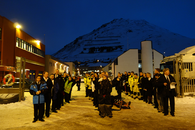 This is the ship's company on shore at Honningsvåg for a safety exercise.