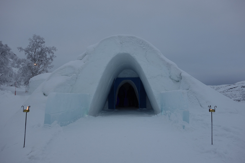 The company that provides dog sled rides also runs the Snow Hotel, for which this is the entrance.