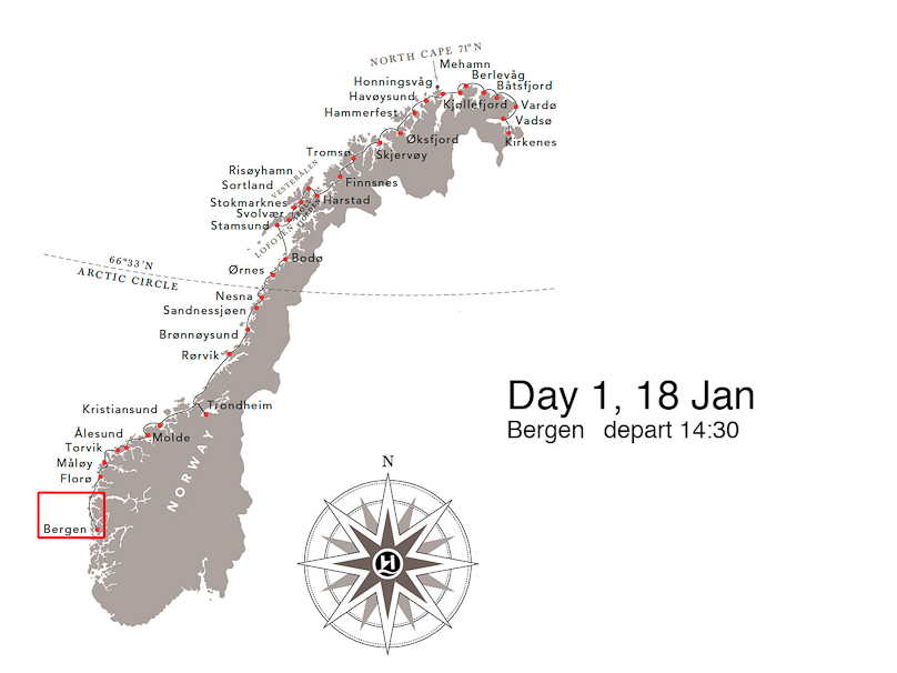 We boarded our Hurtigruten ship after a night in Bergen. After dinner onboard, the ship left port at 10:30 PM.