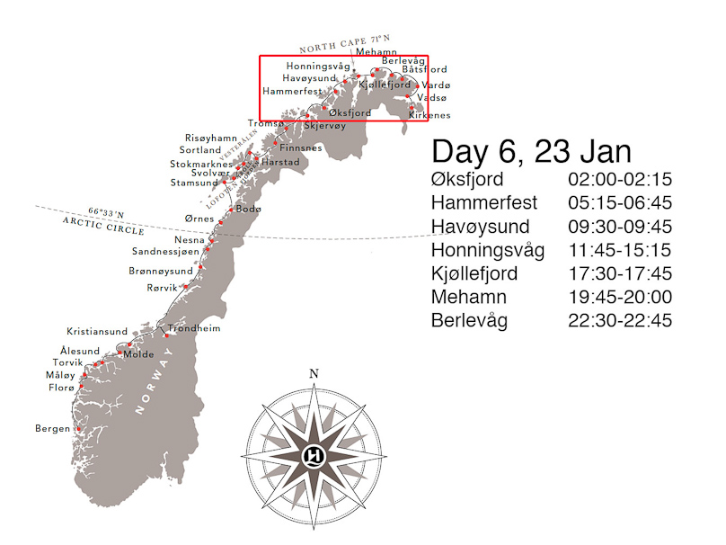 On Day 6 we rounded the top of Norway. The port of Mehamn was closed for repairs to the dock. We got off the ship and walked arund Honningsvåg.
