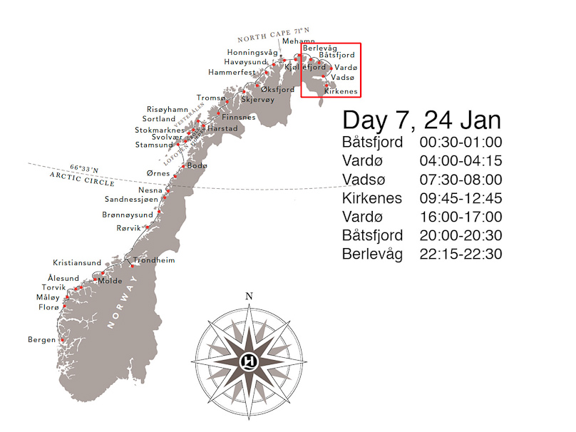 On Day 7 we turned around at Kirkenes and started south. In the three hours we were in Kirkenes we went for a dog sledge ride.
