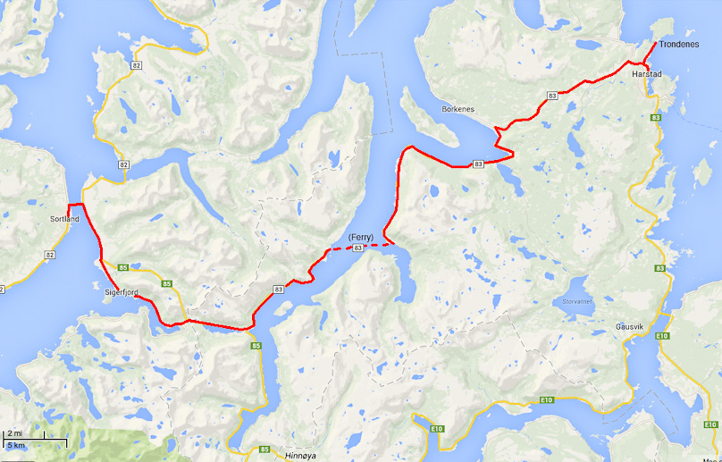 The bus tour started at Harstad, at top right. First we went a little north to Trondenes, to see a stone church and a history museum. (We didn't get to see the large naval gun 