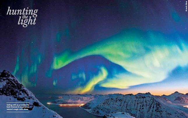This figure from a Hurtigruten brochure is misleading, like most photos of the Northern Lights. It gives the impression that you can see this with the naked eye. In reality, at night the sky is black and the  Northern Lights are gray.