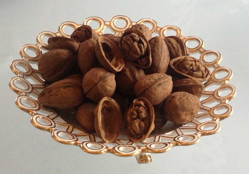 To stretch our legs, cramped after the transatlantic flight, we spent two nights at Heathrow airport. We had time to visit the Victoria and Albert Museum, where we saw a small exhibition of trompe l'oeil ceramics. This plate of walnuts was made in Stoke by Minton about 1825.