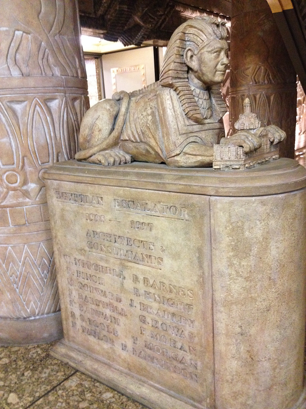 This sphinx has the face of Dodi's father, then the owner of Harrods. He sold the store to an Omani company, which has left this kitschy feature in place.