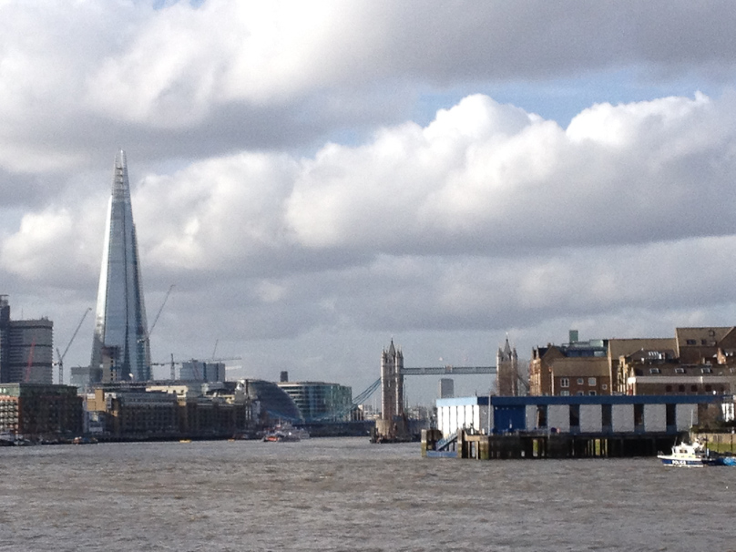 A telephoto upstream from Rotherhithe today shows Tower Bridge (1894), built 50 years after the Thames Tunnel. At the time the tunnel was built the first bridge upriver from Rotherhithe was London Bridge. The tall thing on the left is The Shard (2012), designed by Renzo Piano, and currently the tallest building in the European Union.