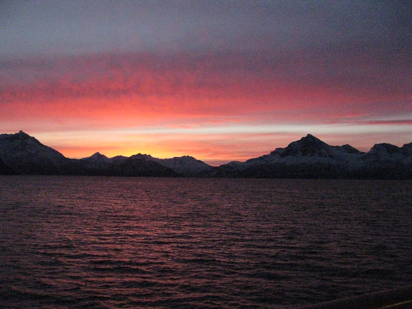 The sunrises and sunsets were lovely, and more reliable than the Northern Lights. This was taken at 8:30 AM after leaving Harstad.