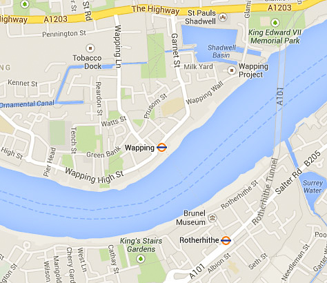 On our last day we drove to Rotherhithe to see the Brunel Museum and the great entrance hall of the tunnel under the Thames built by the Brunels 1825-1843. (The Rotherhithe Tunnel shown on this map is a road tunnel built in 1908.) The original Rotherthithe entrance of Brunel's tunnel was at the site of the current Brunel Museum, and the present Wapping Underground station was the north end of the tunnel. Later, when the tunnel was converted to railroad use, the tunnel was extended to the present Rotherhithe Underground station.