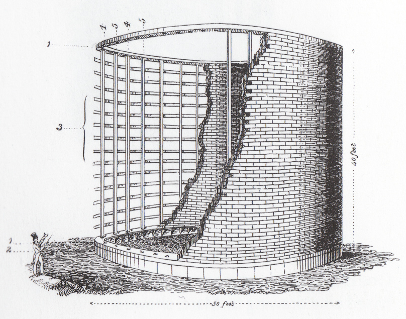The entrance hall was constructed mostly at ground level. Its skeleton was two iron rings joined by vertical iron  bars held by iron hoops. A double brick wall three feet thick was laid on the lower ring, with rubble and cement and the iron bars and hoops between the inner and outer brick walls. Eventually the growing weight of the walls caused the lower ring to begin sinking into the ground.