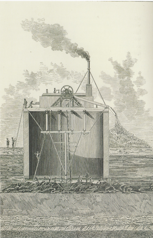 Dirt within the cylinder was excavated and raised to the top of the cylinder, along with ground water, by a steam engine driving a chain of buckets..