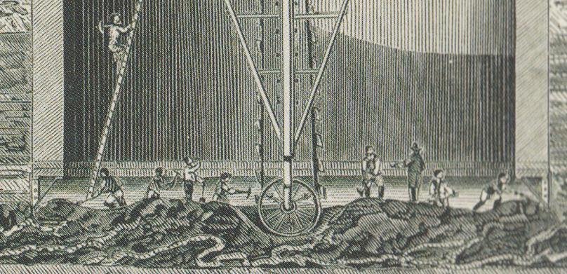A detail of the previous image, showing excavators and the chain of buckets.