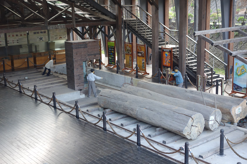The sawmill is now a museum. The saw is a bandsaw in the little wooden house next to the middle mannequin.