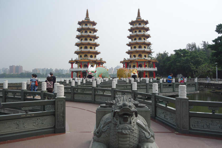 The approach to the Dragon and Tiger Pagodas is a long stone zig-zag causeway starting with a large turtle (facing the camea).