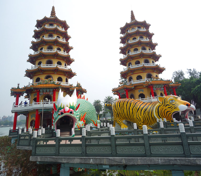 Visitors enter the dragon's mouth and exit from the tiger's mouth. In between you can, if sturdy, climb double spiral staircases up 6 stories.
